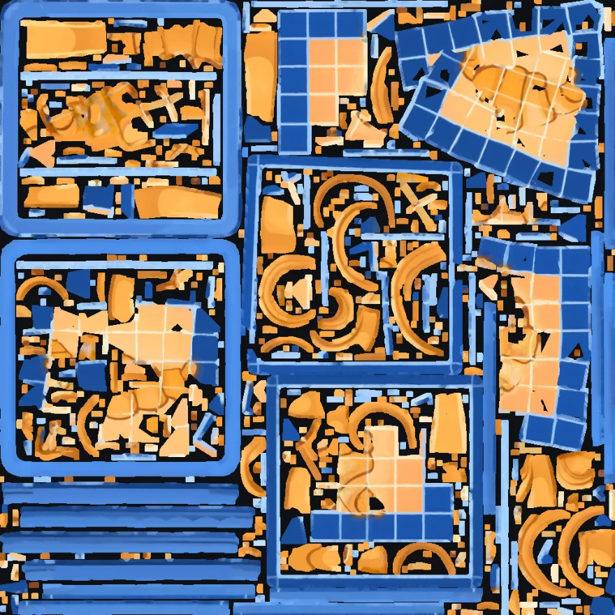 The re-baked base colour atlas laid out on the new UV charts